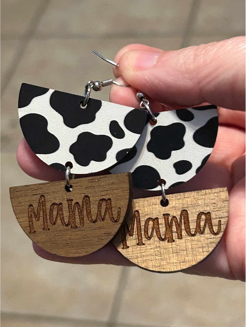 Handcrafted Mama Wooden and Cow Print Dangle Earrings